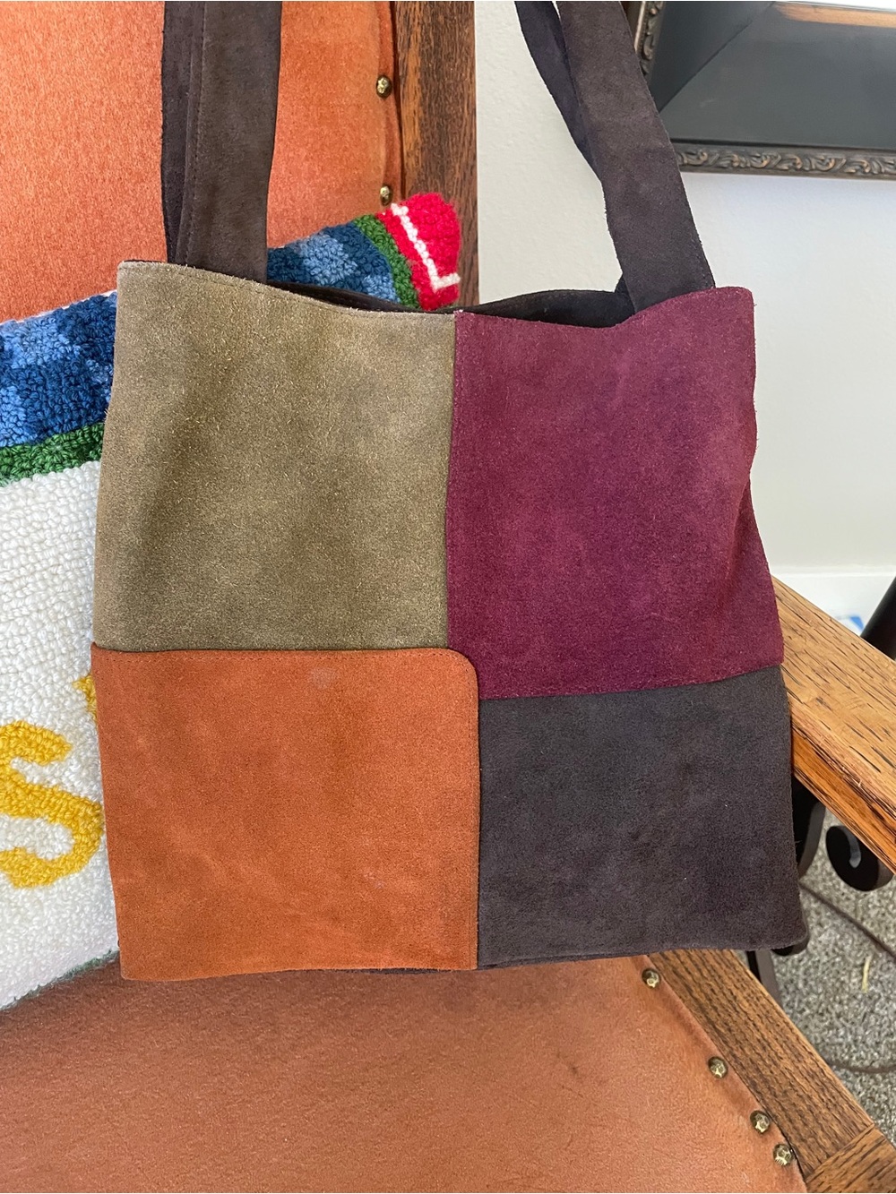 Y2K colorful Suede patchwork Leather Tote shoulder bag. Color block Classic tote - Picture 2 of 10